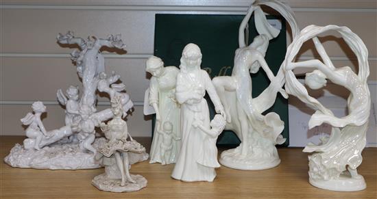 A group of blanc de chine figures, including a Belleek lithophane plaque, The Water Carrier